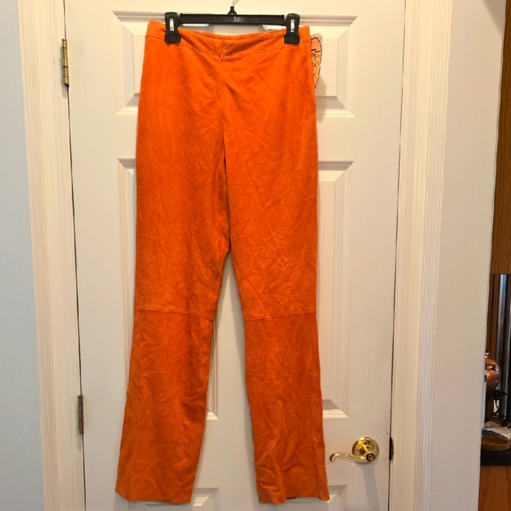 NWT Vintage Tahari 100% Leather Pants 6 Bootcut Straight Leg Orange High Rise